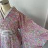 Used Kimono single single 4 small pattern pink cherry blossom floral pattern yukata half-width obi autumn leaves
