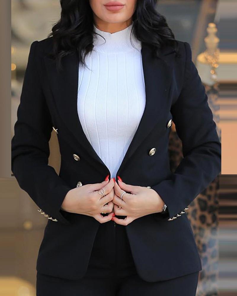 Женский однотонный приталенный двубортный костюм-двойка 2024