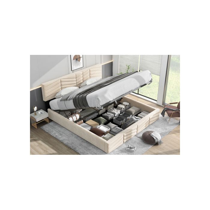 Lit capitonné - MUVOE - 180 x 200 - Tête de lit réglable - Beige - Design contemporain