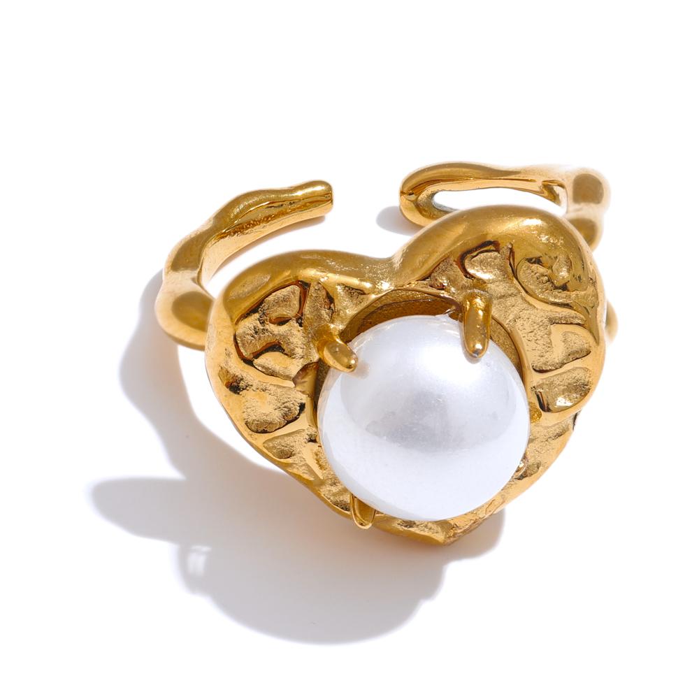 Yhpup Elegant Fashion Stainless Steel Simulated Pearls Heart Love Golden Open Ring Attractive Romantic Finger Jewelry