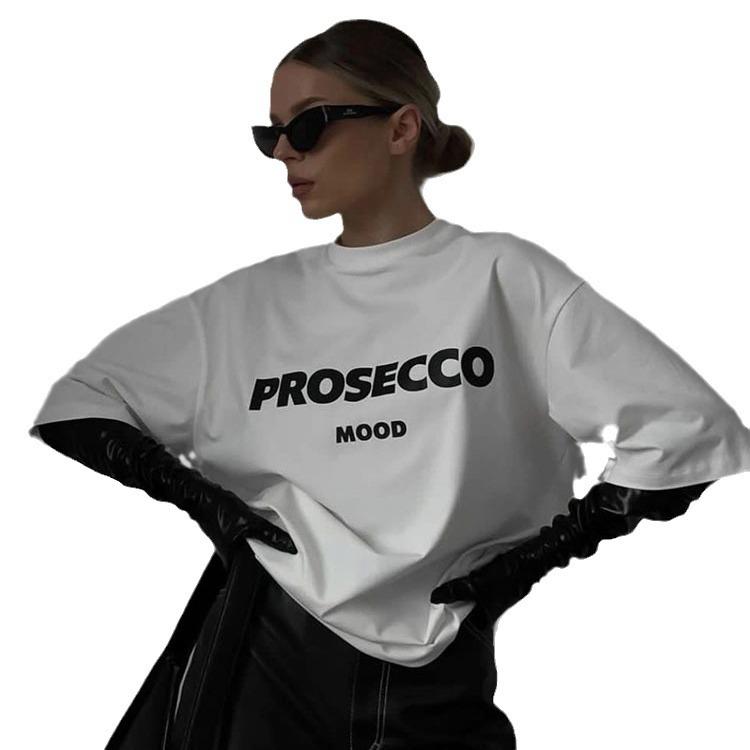 2025 Хит продаж Футболка с американским принтом букв Женская из чистого хлопка с круглым вырезом Свободный топ Европейский американский стиль INS