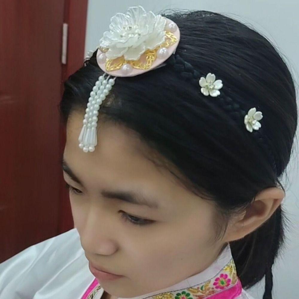 Flower Korea Ethnic Style Hairband Pearl Stage Dance Hair Hoop Sweet Hanbok Wig Headdress  Ladies