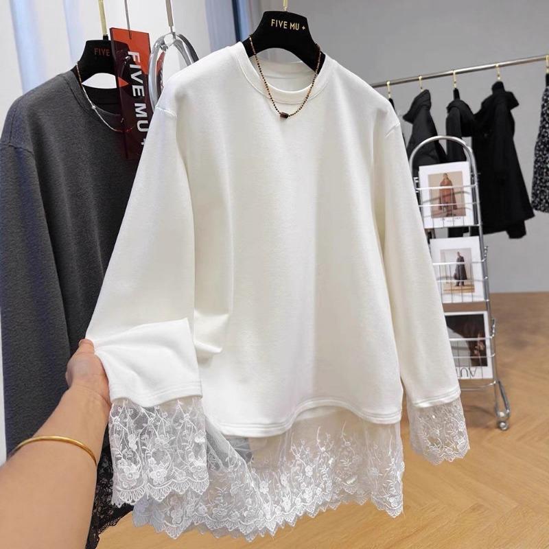 Women S Long Sleeve Lace T Shirt Loose Fit Mid Length Base Top For Autumn Winter