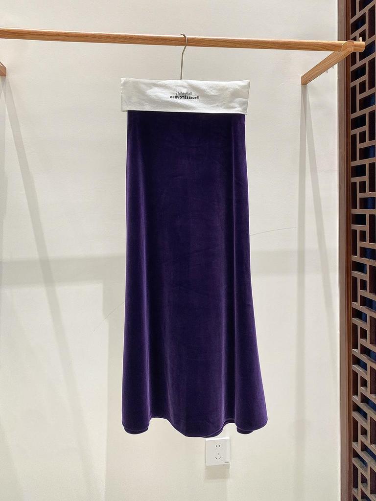 2025 Осень Женская Юбка Миди из Бархата с Завышенной Талией и Хвостом Русалки - Приталенный Дизайн в Национальном Стиле А-силуэта