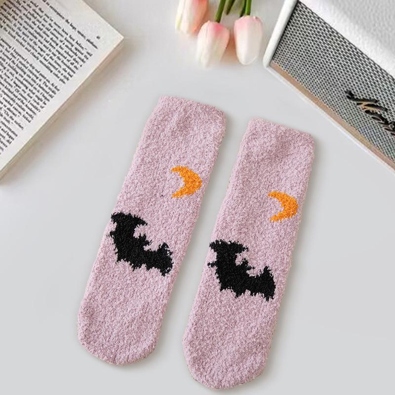Women's Mid-Calf Halloween Socks, Fleece-Lined, Warm & Cute Cartoon Design for Autumn/Winter.