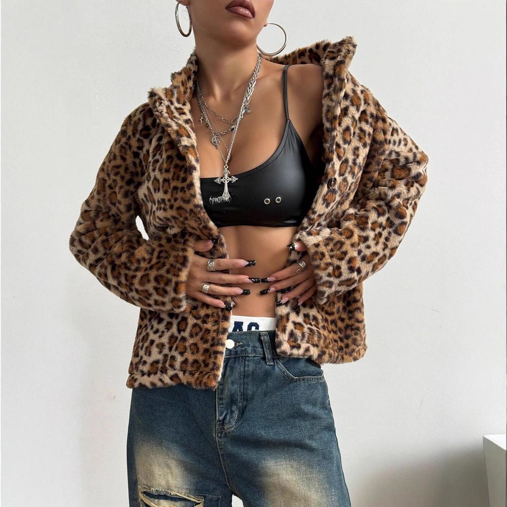 Женское европейское и американское пальто с лацканами на пуговицах с новым леопардовым принтом