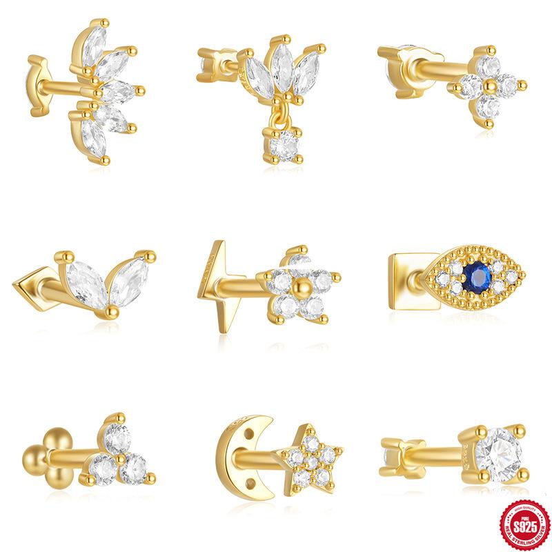 Серьги-пирсинг из стерлингового серебра S925, спиральные, для хряща, 16G, с цветком «кошачий глаз», бриллиантовой короной, двойные, двухсторонние, можно носить в несколько рядов