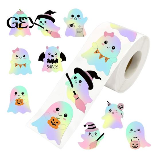 Cute Ghost Decals for Gift Wrapping Gradient Color Stickers Roll, Self-Adhesive Halloween Craft Supplies Kids Decorative Decals, Die-cut Labels