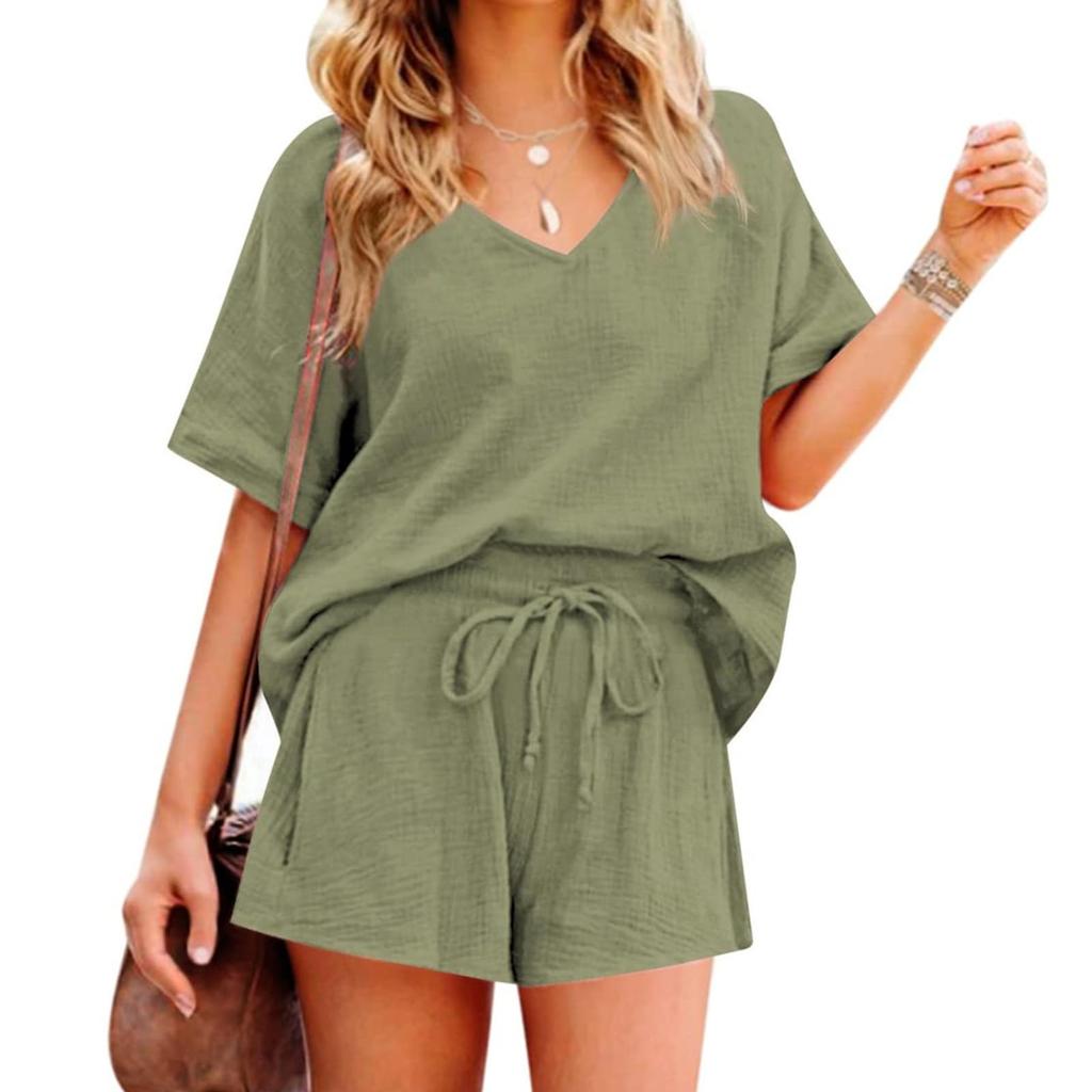 Women's 2 Piece Solid Color Racksuit Short Sleeve Casual Shorts Set V Neck Beach Outfits