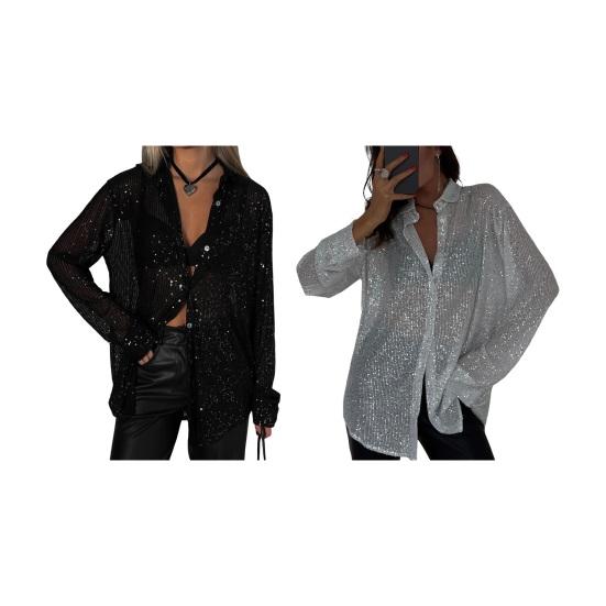 Женские летние топы блестящие пайетки декор рубашка пальто однотонный свободный крой