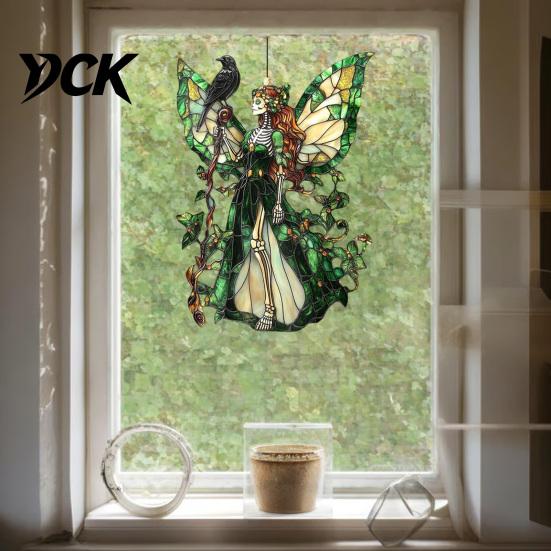 Window Hanging Decorations Stained Glass Style Skeleton Fairy Suncatcher, Acrylic Decorative Ornament with Butterfly Wings Ornaments for Living