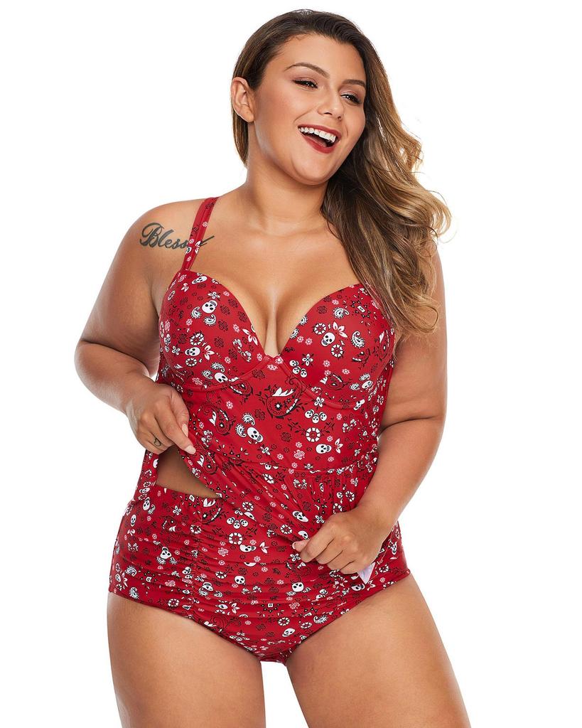 Azura Exchange Red Print Moulded Cups Peplum Plus Size Bikini
