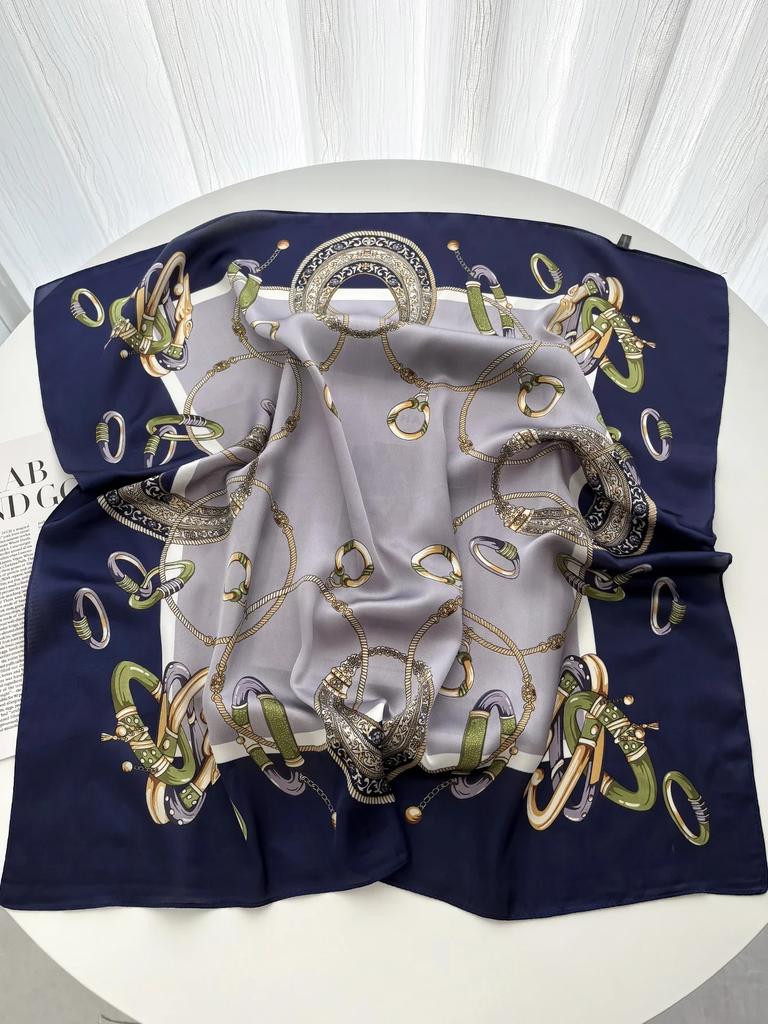 Luxury Ink Charm Landscape Print Shawl Square Scarf for Women Satin Neckerchief Female Hair Bands Ribbon Headband Bandana