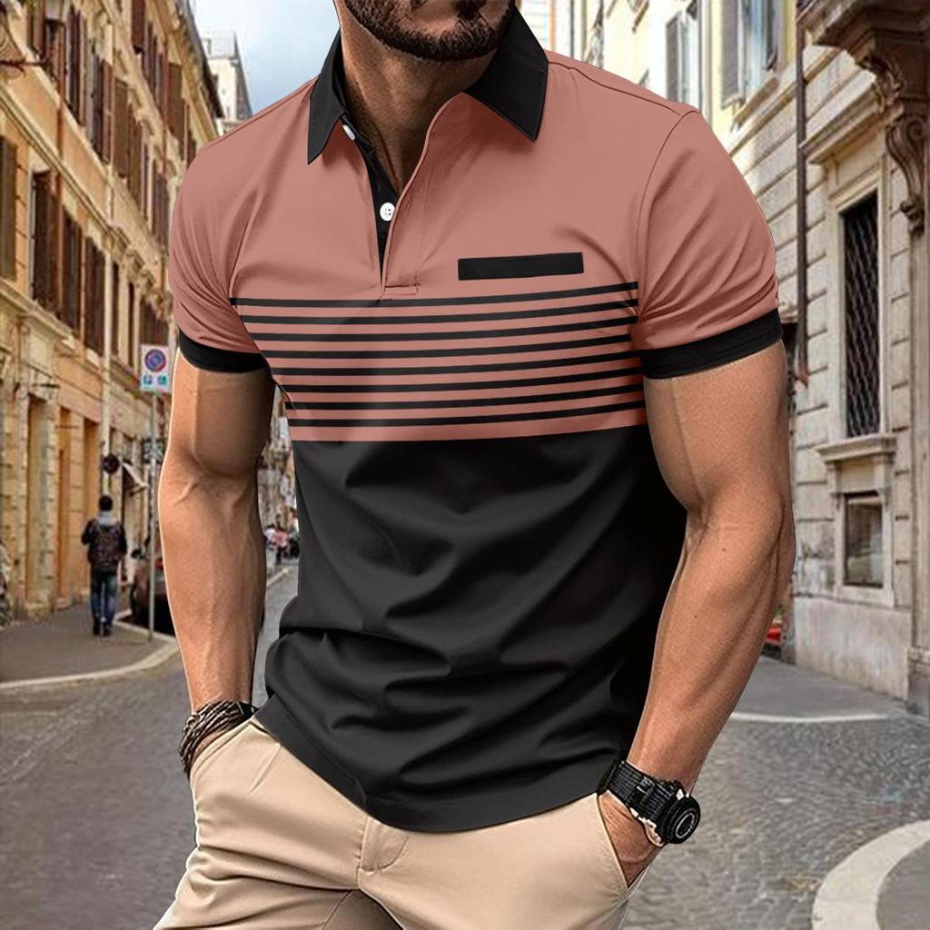 Мужские летние повседневные рубашки-поло на молнии с короткими рукавами и лацканами в стиле пэчворк, полосатая рубашка-поло с принтом