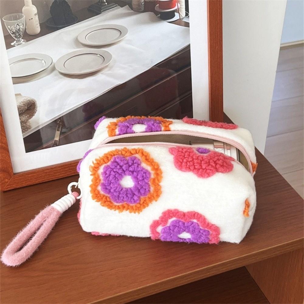 Case Large Capacity Makeup Bag Portable Faux Wool Storage Bag With Handle Flower Design Cosmetic Bag Business Trips