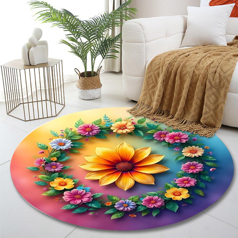 Colorful Floral Wreath Design Print round rug, living room, bedroom, playroom carpet, non slip floor mat, gift