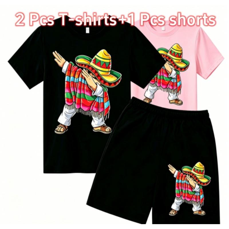 Fashion Cartoon Characters with Cool Stylish Designs Print Outdoor Street Kids T-shirt and Shorts Summer Home Casual Outfit Boy and Girl's Sports Set