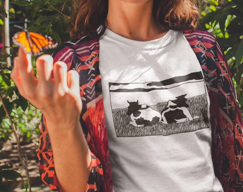 Cows - 100% Organic Cotton Unisex T-Shirt and kids tshirt featuring a Vintage Animal Linoprint by Samuel Jessurun de Mesquita White / Vintage Beige
