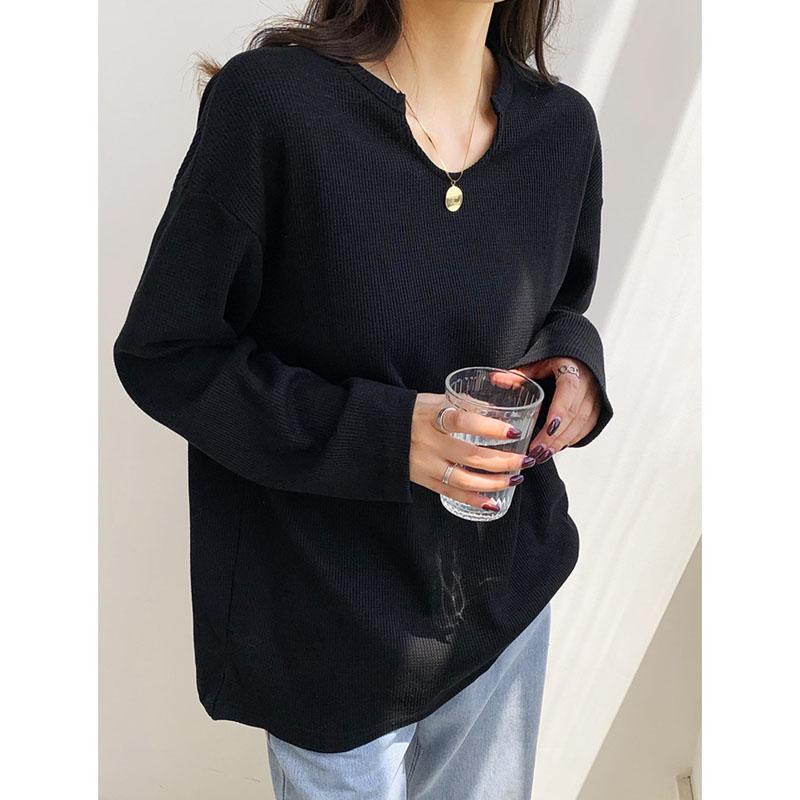 Повседневные свободные женские футболки в вафельную клетку, весна-лето, хлопковые женские футболки с длинными рукавами и v-образным вырезом, топы