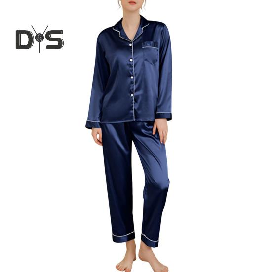 2 шт./комплект пижамный костюм атласный однобортный кардиган рубашка V-образный вырез воротник однотонная рубашка широкие свободные брюки ночная рубашка одежда для сна
