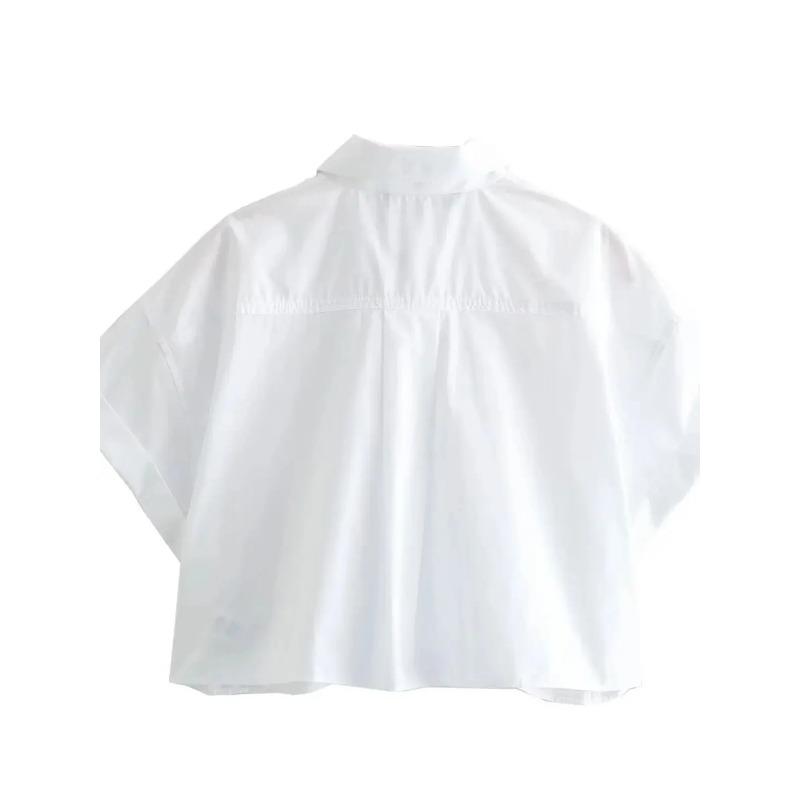 Women's Fashion Crop Poplin Shirt Women Casual Lapel Short Sleeve Pocket Front Button Versatile Female Top
