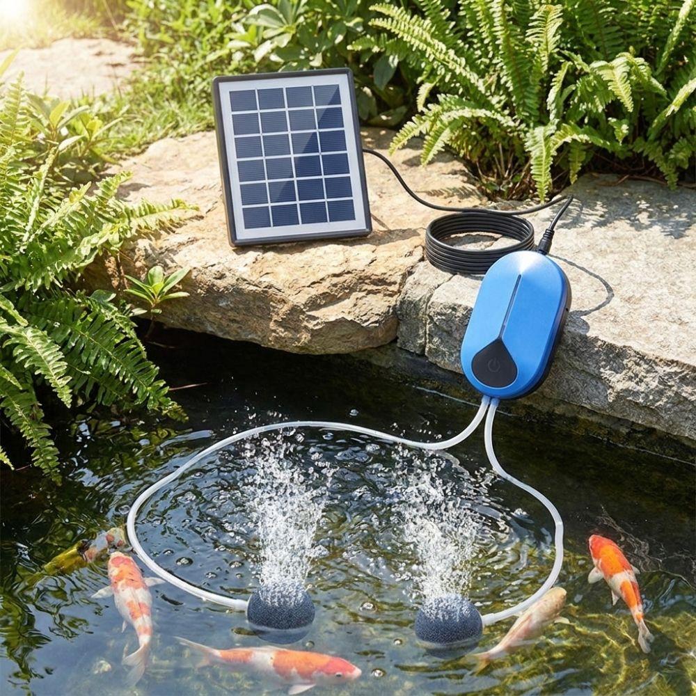 Portable Solar Powered Oxygen Pump with Air Hose Bubble Stone Two Modes Fishing Oxygen Pump Energy Saving Fish Tank Pump