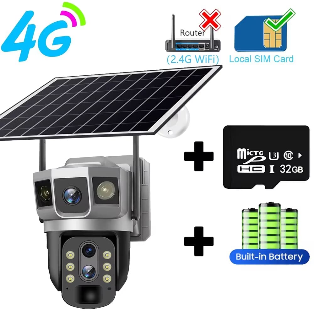 12MP 3 Lens 4G Solar Camera SIM Card Network 10X Zoom Smart Home Securiry Protection 6K Night Vision IP Video Surveillance CCTV Cameras