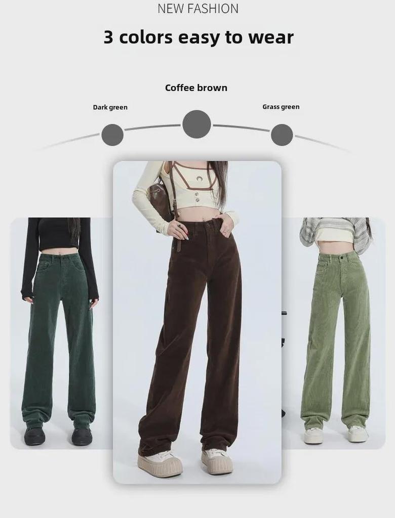 Женские коричневые вельветовые брюки широкого кроя: Высокая талия, ретро-стиль для мытья полов на осень и зиму