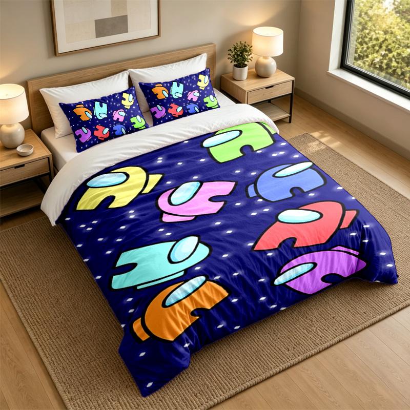 Soft Bedding Set Among Us Pattern, 1 Duvet Cover plus 2 Pillowcases Stylish Bedroom Home Textile