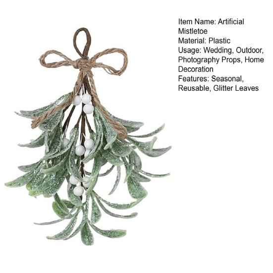 Artificial Mistletoe Branch Christmas Hanging Faux Mistletoe Ornament with Bow Glitter Leaves