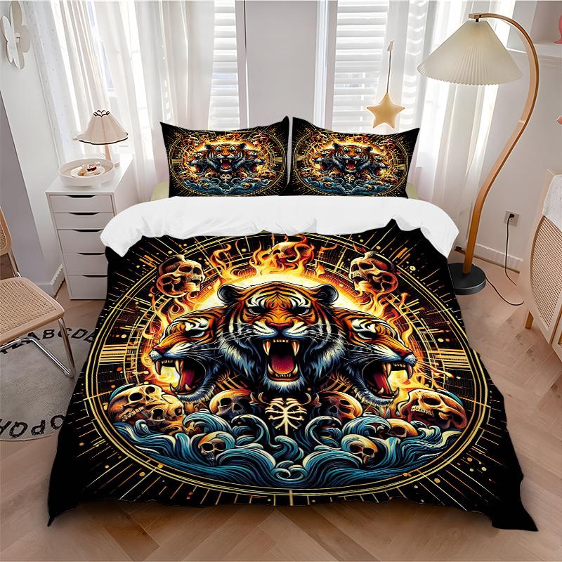 3pcs Flaming Tiger Amidst Waves Pattern Bedding Set, 1* Cover + 2*Pillowcases, Printed Bedding Set, Soft and Comfortable, Suitable for Bedroom an