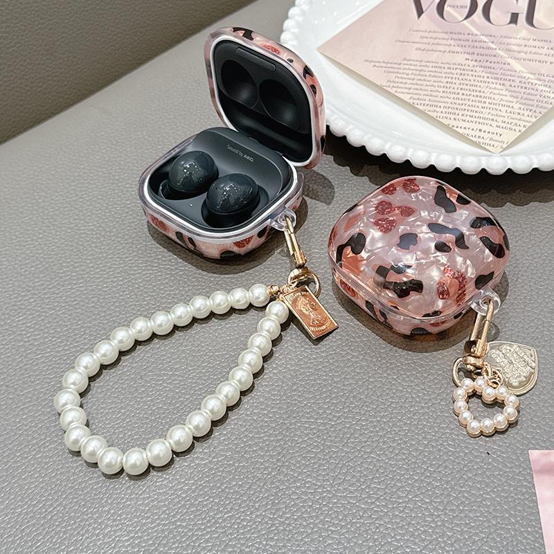 For Samsung Galaxy Buds Live 2 Pro 2 FE Case Simple Shell Leopard Print TPU Earphone Case Accessories Cover With Pearl Keychain