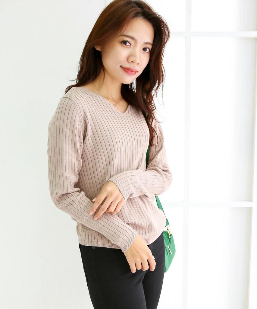 Winter Plus Ribbed Long Sizes Gray Beige Wn-0114 [Jungle Jalopy] Women's Sweater, Size, Knit, V-Neck, Cotton, Sleeve, Lightweight, Elegant,