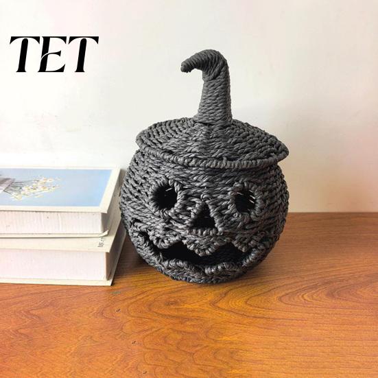 Tiered Party Setting Accessories Handwoven Pumpkin Lantern, Vintage Rustic Halloween Decor, Hollow Smile Grimace Ornament Face Storage Jar with