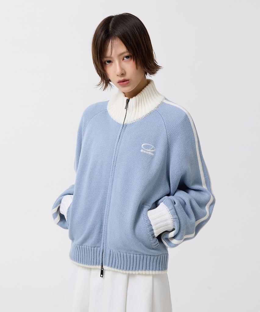 ODDSTUDIO Sporty Track Semi-Crop Knit Zip-Up - Sky Blue