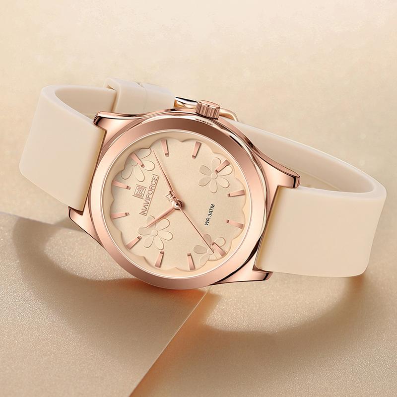 NAVIFORCE Ladies Watch with Elegant Flower Dial Fashionable Brand Waterproof Quartz Wristwatch for Women Soft Silicon Strap 5051