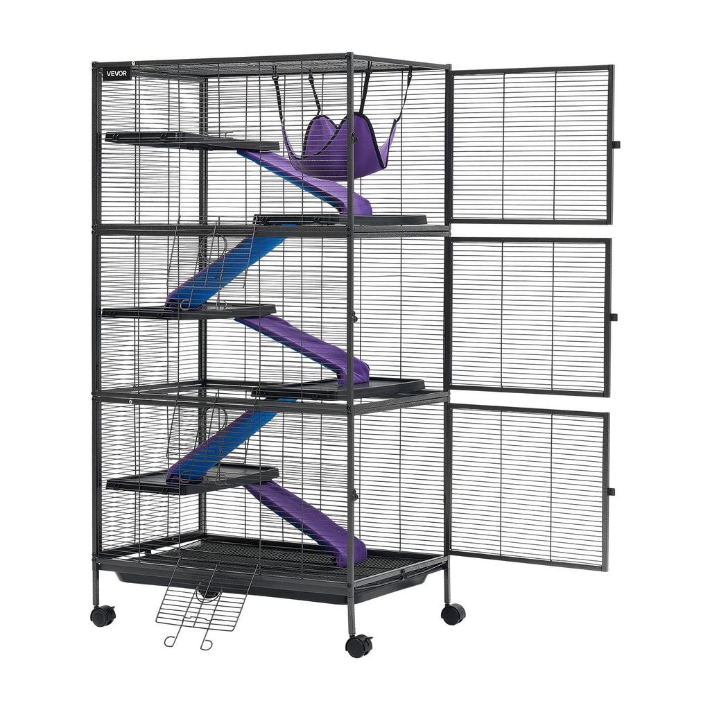 VEVOR Metal Small Animal Cage 149 cm 6-Tier Rolling Ferret Cage On Wheels, 13.97 mm Wire Spacing Large Cages with Hammock, Ramps