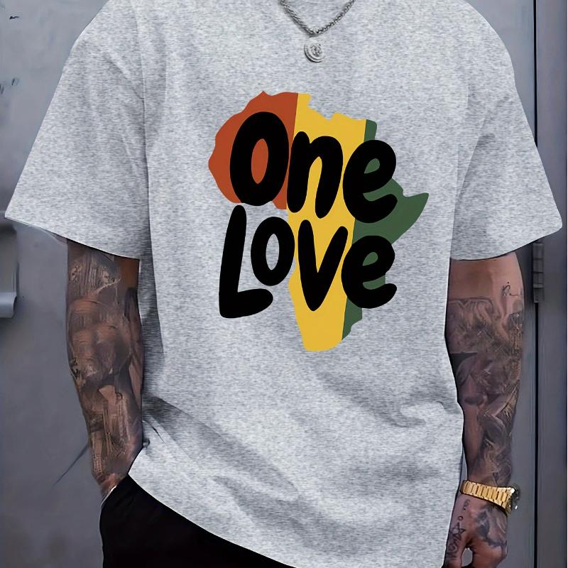 [Футболка с принтом One Love с коротким рукавом] Мужские футболки с коротким рукавом и принтом букв One Love, Удобные повседневные эластичные топы с круглым вырезом для мужских активностей на свежем воздухе