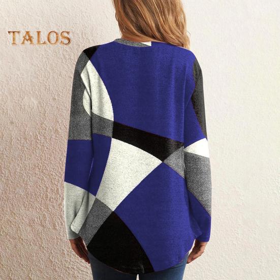 Женские топы с круглым вырезом и длинным рукавом, контрастный цвет, геометрический принт, свободная футболка, повседневные пуловеры, топы