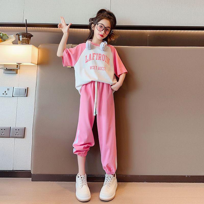 Летний повседневный комплект для девочек-подростков, детская модная футболка с буквенным принтом + брюки, спортивная одежда из 2 предметов, детская одежда