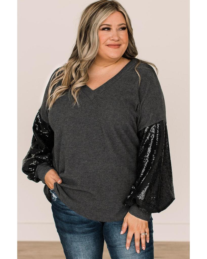 Azura Exchange Черный трикотажный топ размера плюс с пайетками и рукавами-фонариками и V-образным вырезом