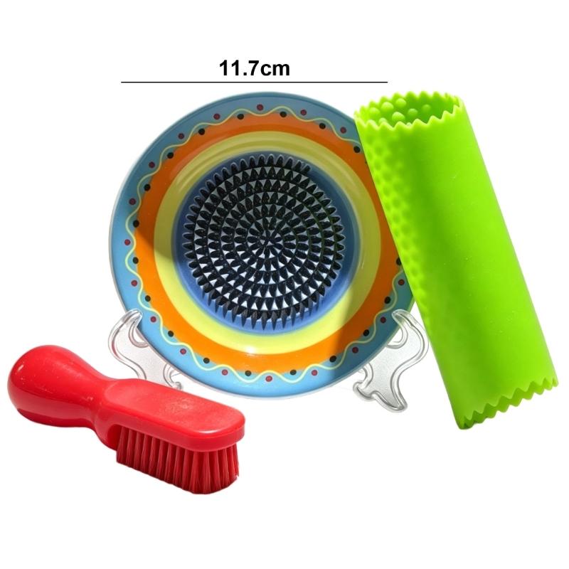 Garlic Grater Plate Set in Ceramic with Peeler, Brush and Fine Teeth for Cooking Tasks, Table Service and Meal Work