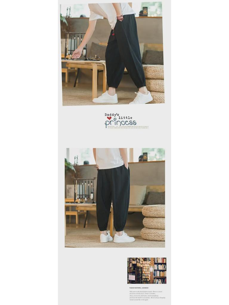 Мужские широкие шаровары из хлопка и льна в китайском стиле — летние тонкие манжеты, свободный крой, размер плюс, длина девять точек.