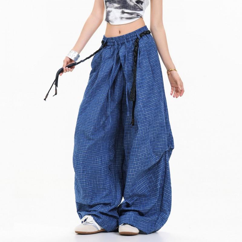 Mens Womens Retro Plaid Wide Leg Casual Pants With Belt Cotton Blend Straight Cut Trousers Daily Wear