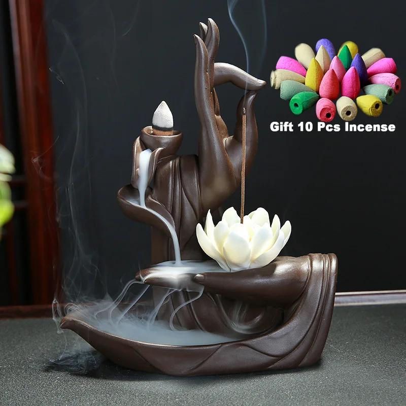 Gift 10Cones Ceramic Incense Censer Buddha Hand Backflow Incense Burner Lotus Incense Stick Holder
