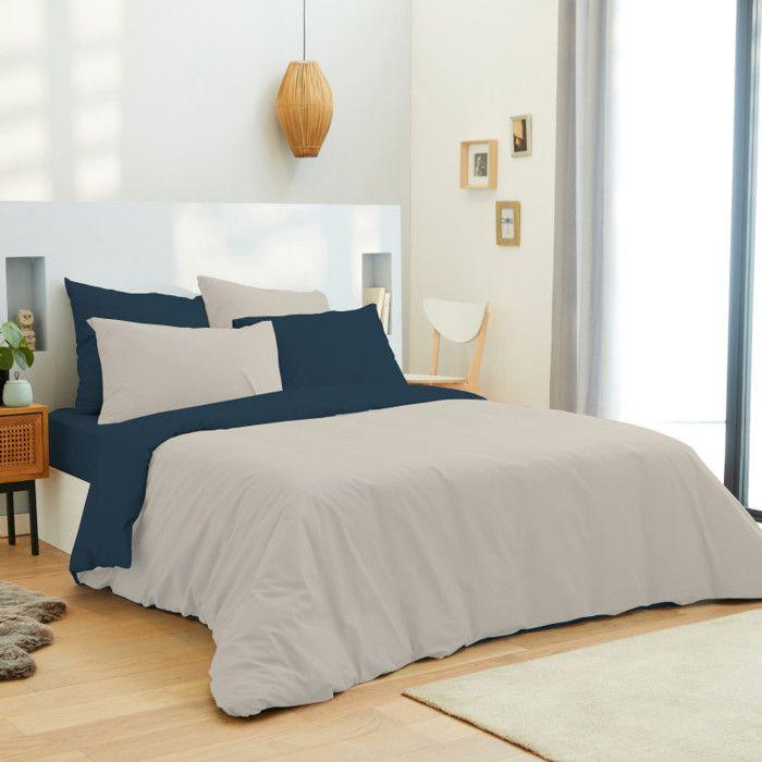 Complete Pack 6 Pieces Linen/Navy Reversible Duvet Cover for Bed 140 X 190 Cm
