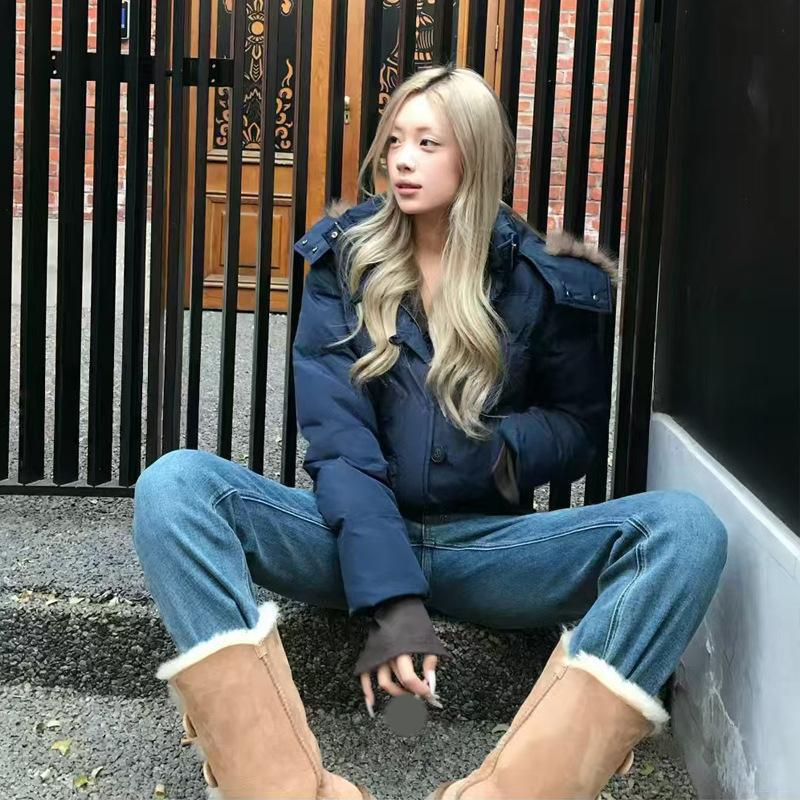 Autumn Winter Fur Hooded Jacket Women Outerwear Thick Dowon Cotton Padded Slim Short Parkas Female Cropped Puffer Bubble Coat