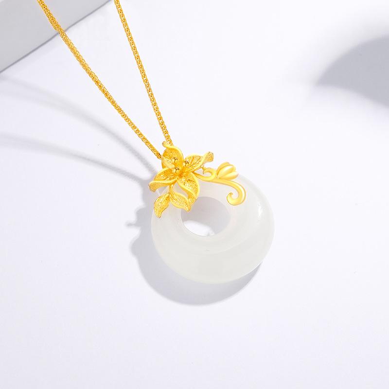 Flower Safety Buckle Necklace Women's Summer Simple Pendant Design Sense Niche Flower Branches Hetian Jade Collarbone Chain