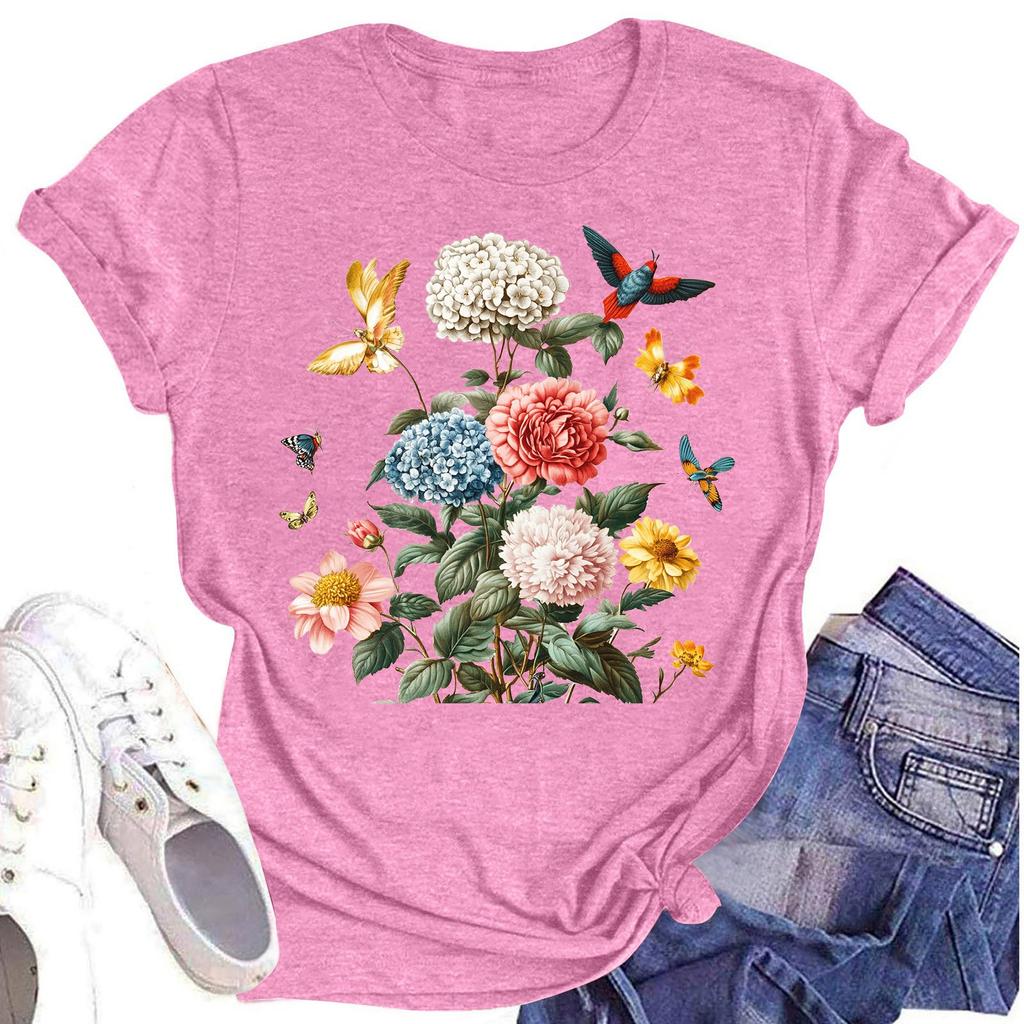 Женская повседневная футболка с круглым вырезом и цветочным принтом, короткий рукав