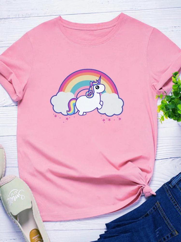 Радужный Единорог Принт Женская Футболка Короткий Рукав O Шея Свободная Женская Футболка Женская Футболка Топы Одежда Camisetas Mujer